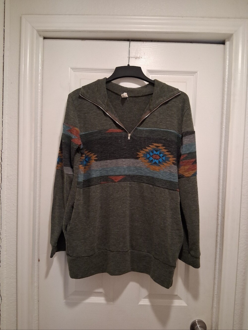 Ladies Olive Green Zip-Neck Sweater with Aztec Stripe